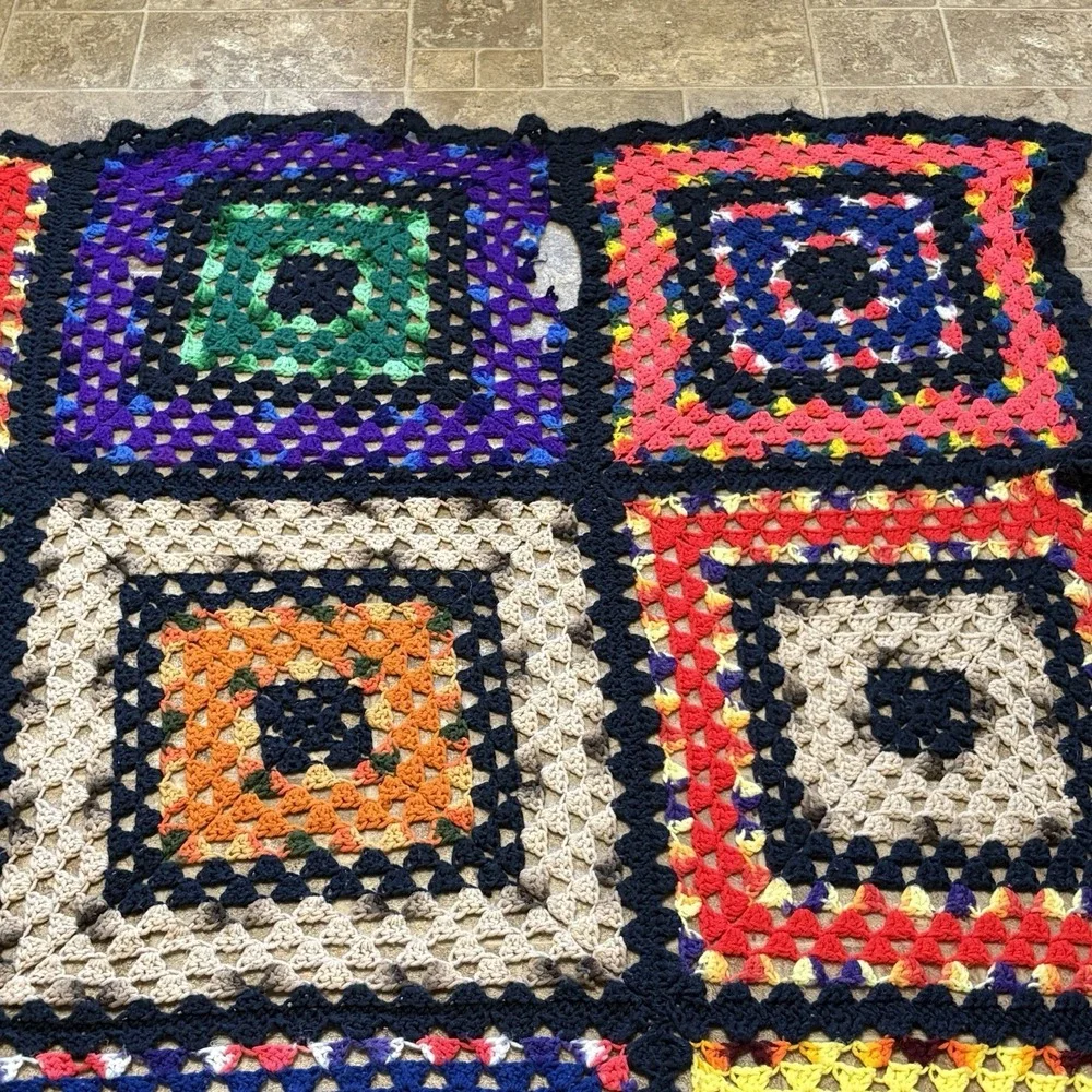 Vintage Handmade Crochet Granny Square Afghan Blanket 82x56 Ugly Colorful LARGE